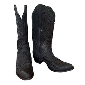 J.B. Dillion Poppy Lazer Cut Sequin Black Cowgirl Boots Size 9C